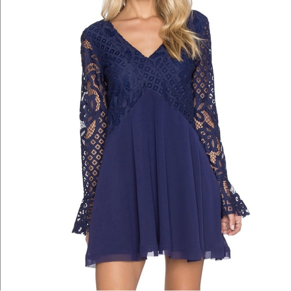 Tularosa Revolve Skylar V Neck Mini Dress Size Small Blue Long Sleeve Boho